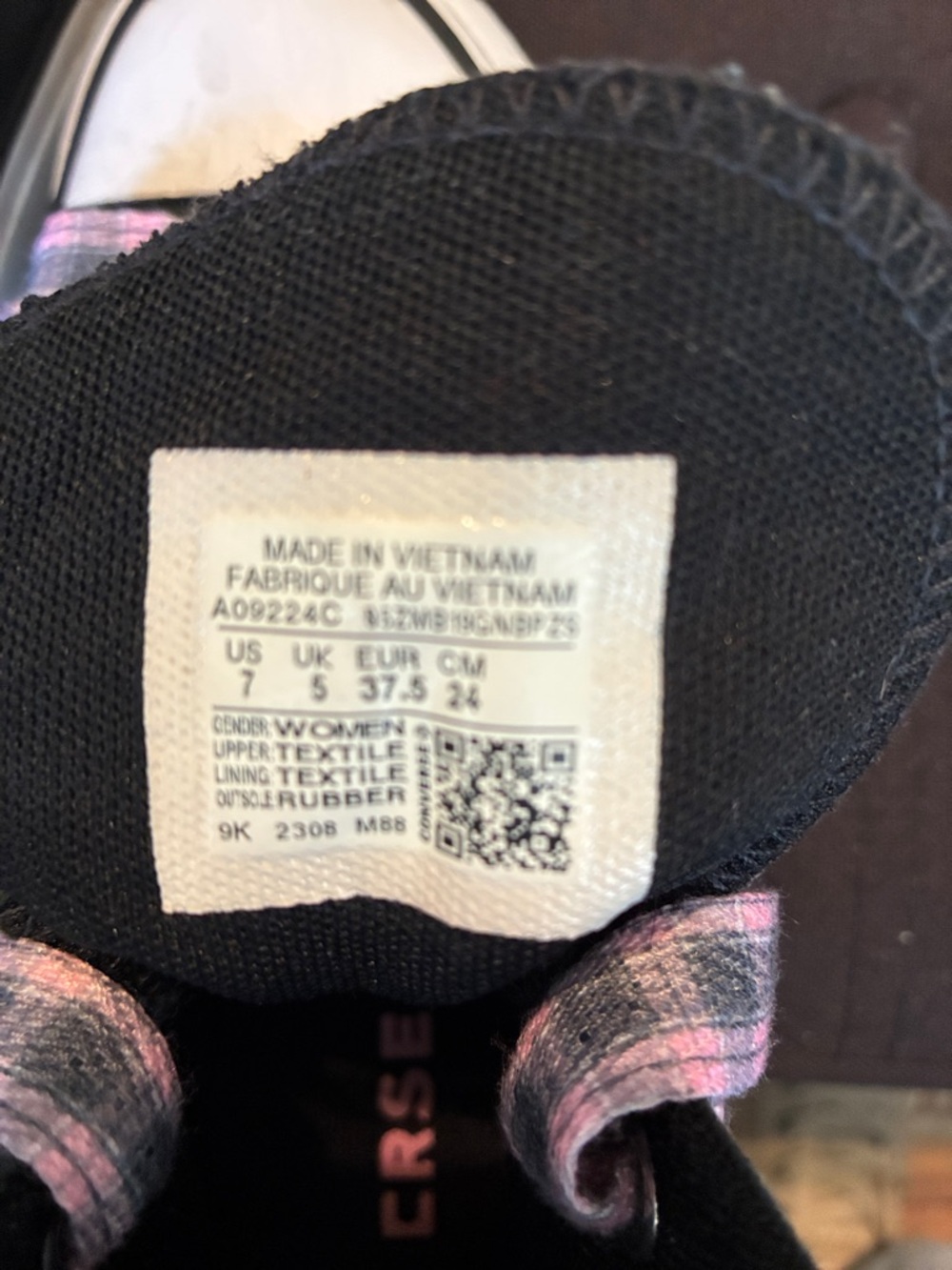 Converse Black High-Top Sneakers with Pink Accents and Pink Plaid Laces - Picture 4 of 4